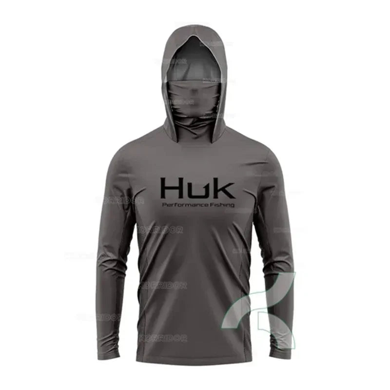 HUK Fishing Shirt Long Sleeve Hooded UPF 50 Face Mask