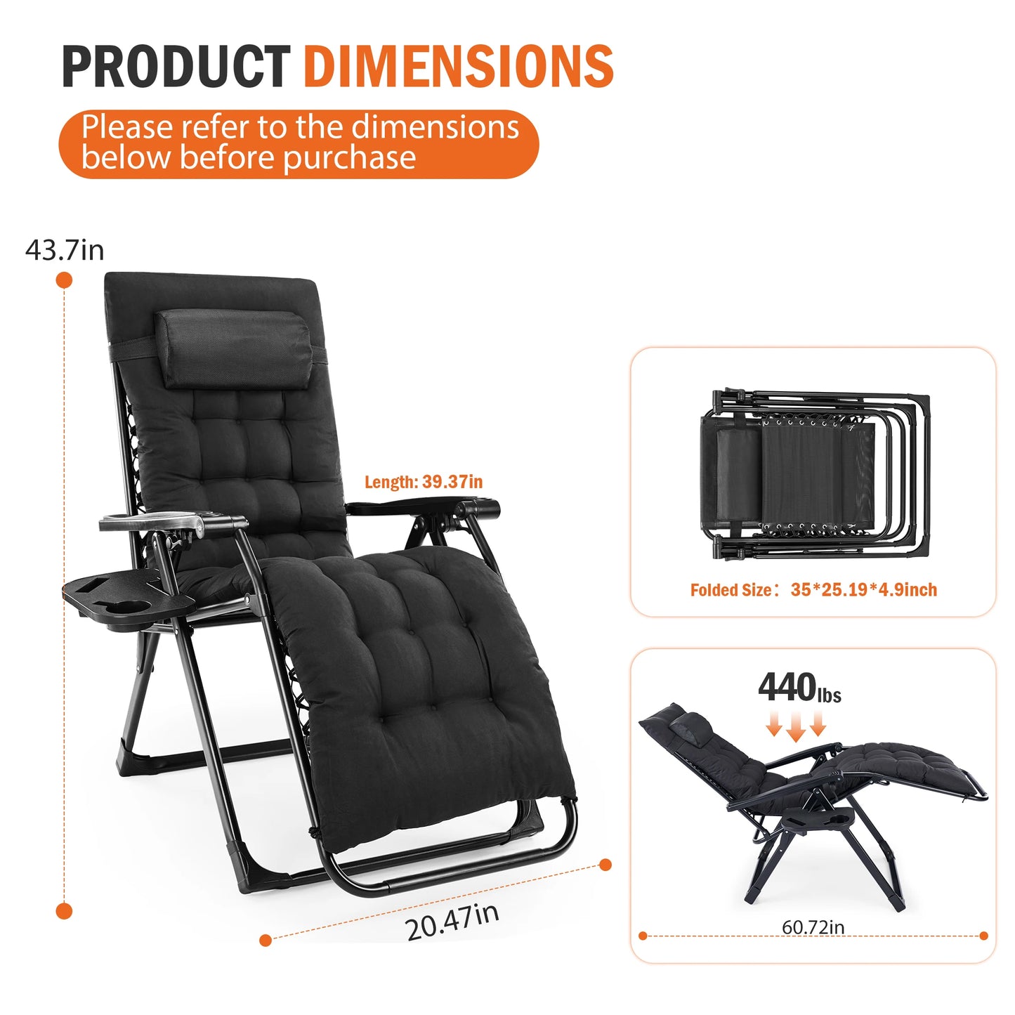 JHK Zero Gravity Camping Lounge Chair With Cup Holder Trays