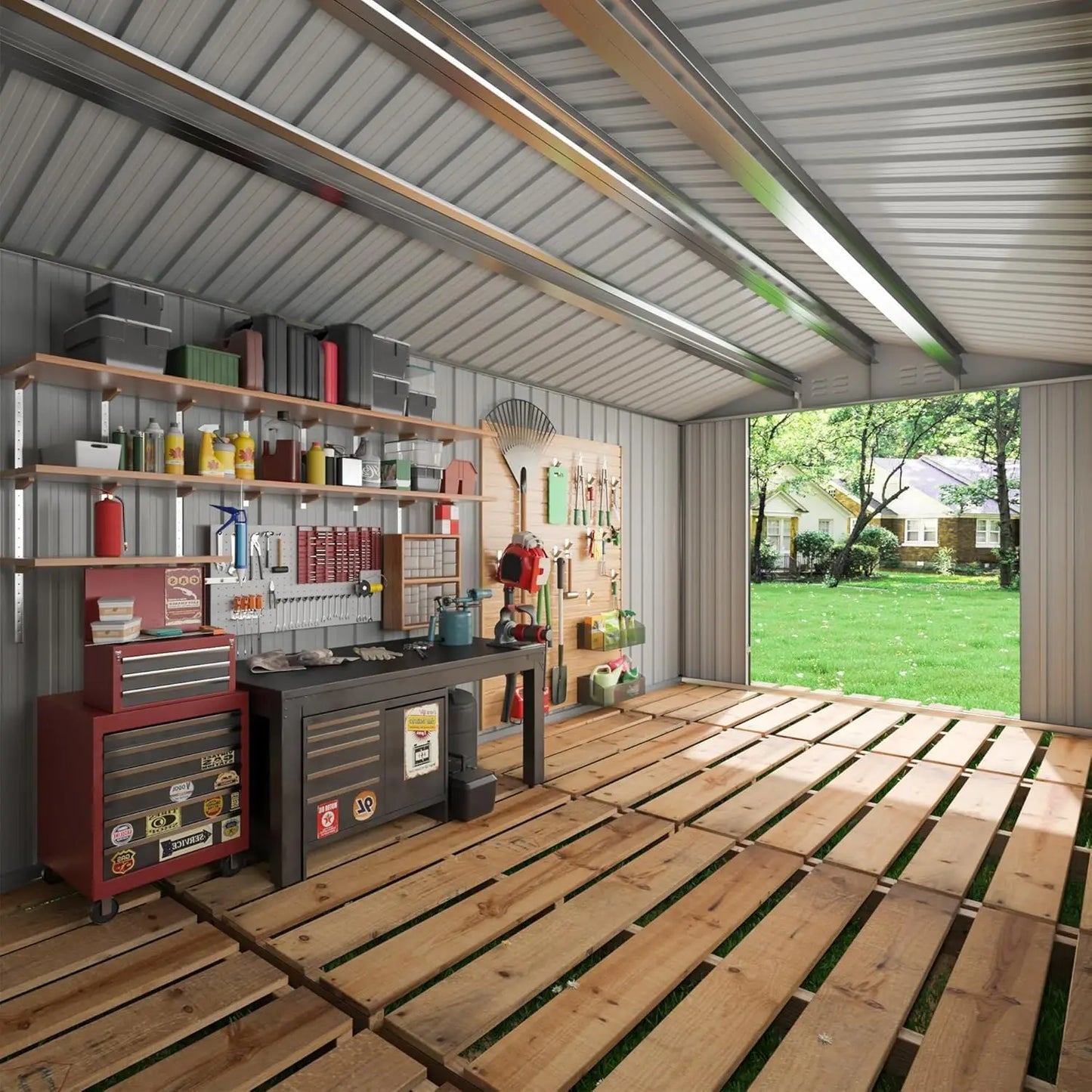 HUANZHUANG Outdoor Storage Shed With Lockable Doors Wood Frame