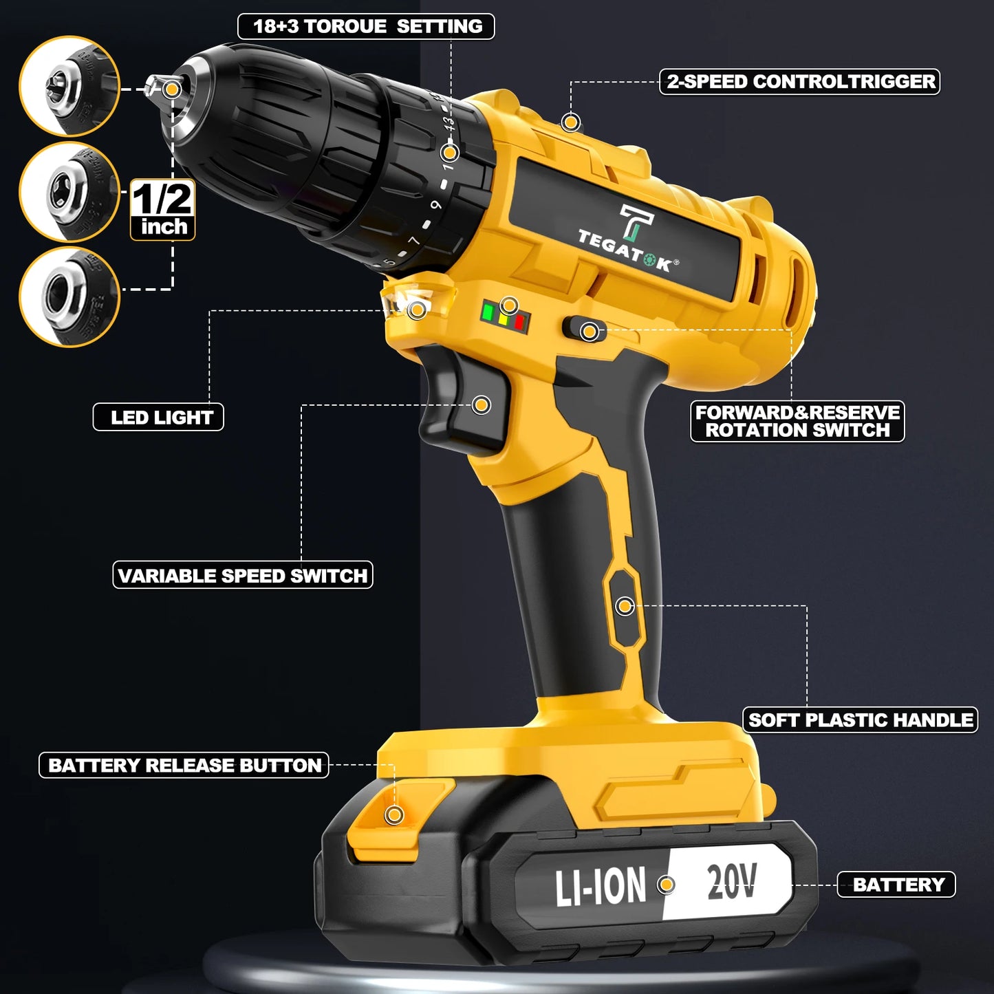 TEGATOK 20V Impact Drill LED Two Speed Cordless Drill