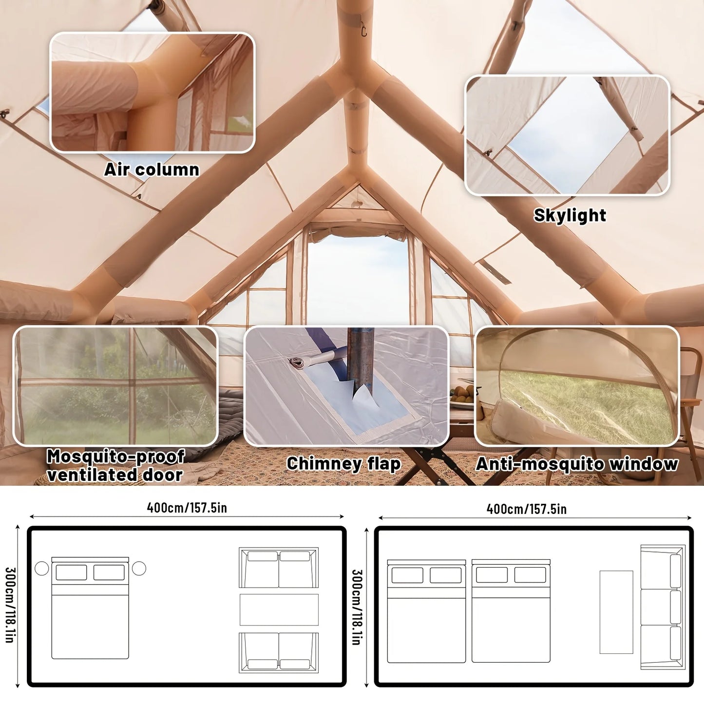 Pakicetus Inflatable Camping Tent With Skylight Breathable Mesh