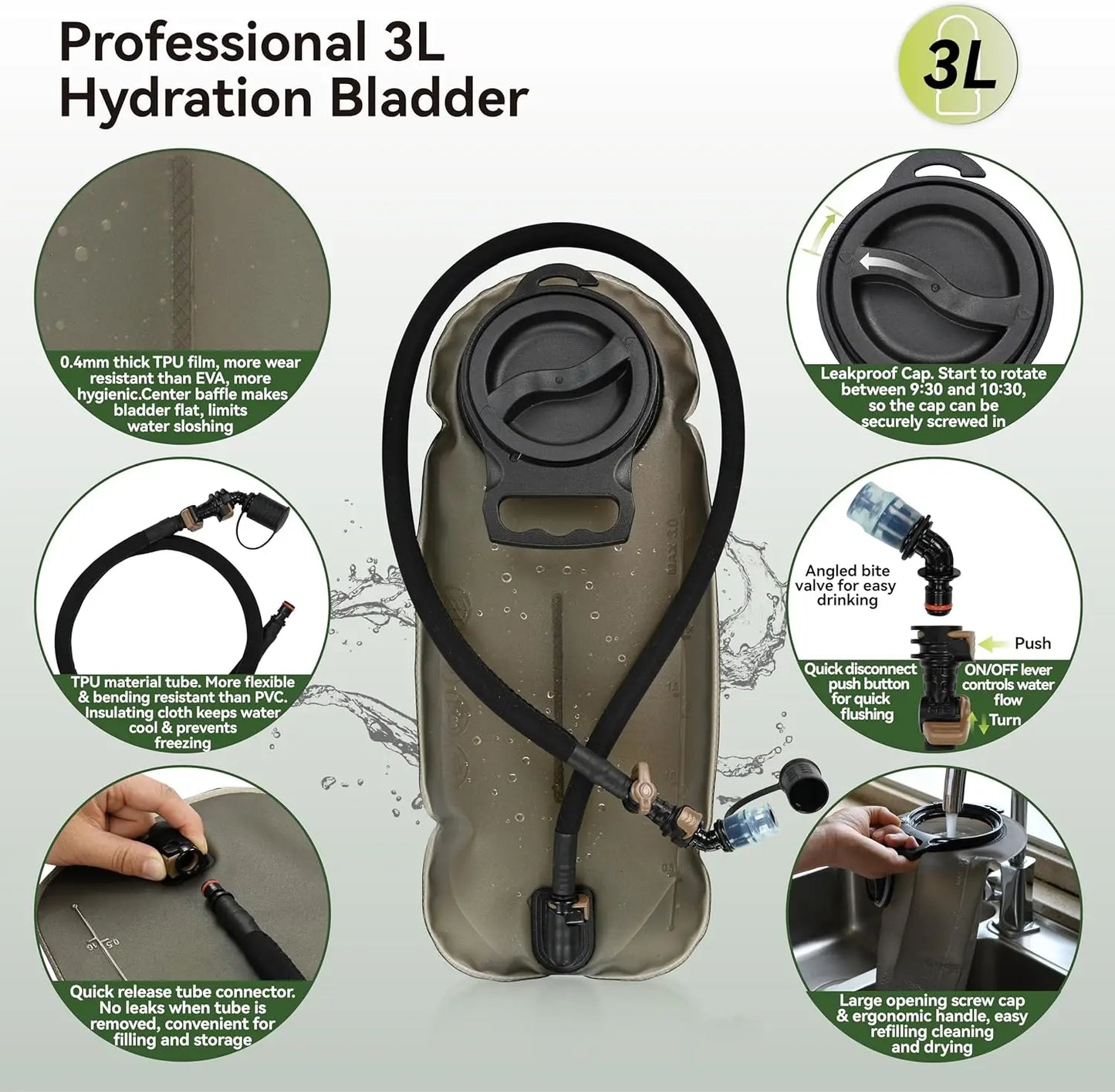 Tactical Hydration Backpack With 3L Bladder For Outdoor Activities