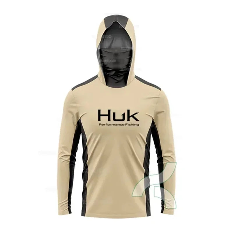HUK Fishing Shirt Long Sleeve Hooded UPF 50 Face Mask