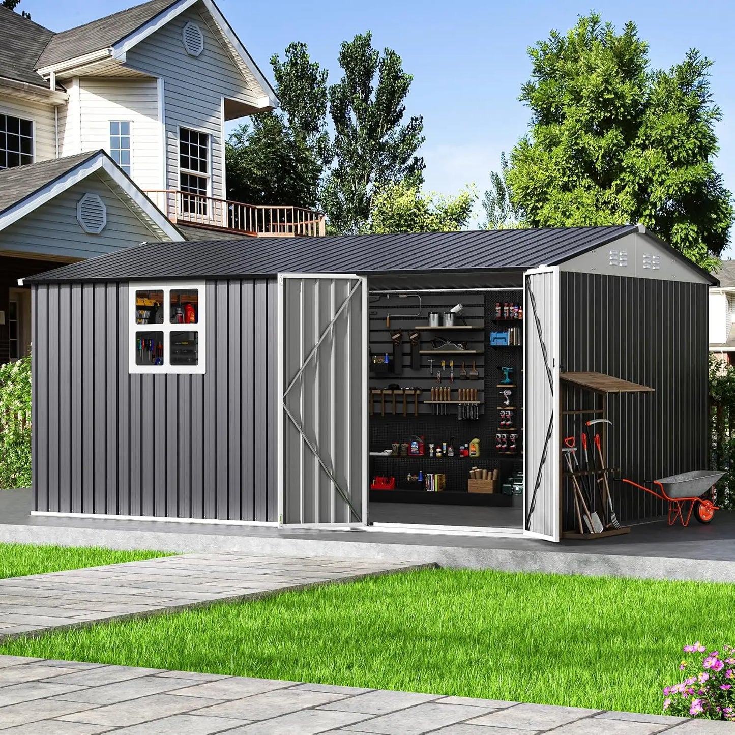 HUANZHUANG Outdoor Storage Shed With Lockable Doors Wood Frame