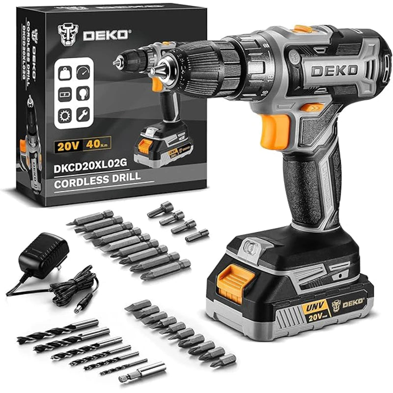 DEKO 20V Cordless Drill Kit With Battery And Charger