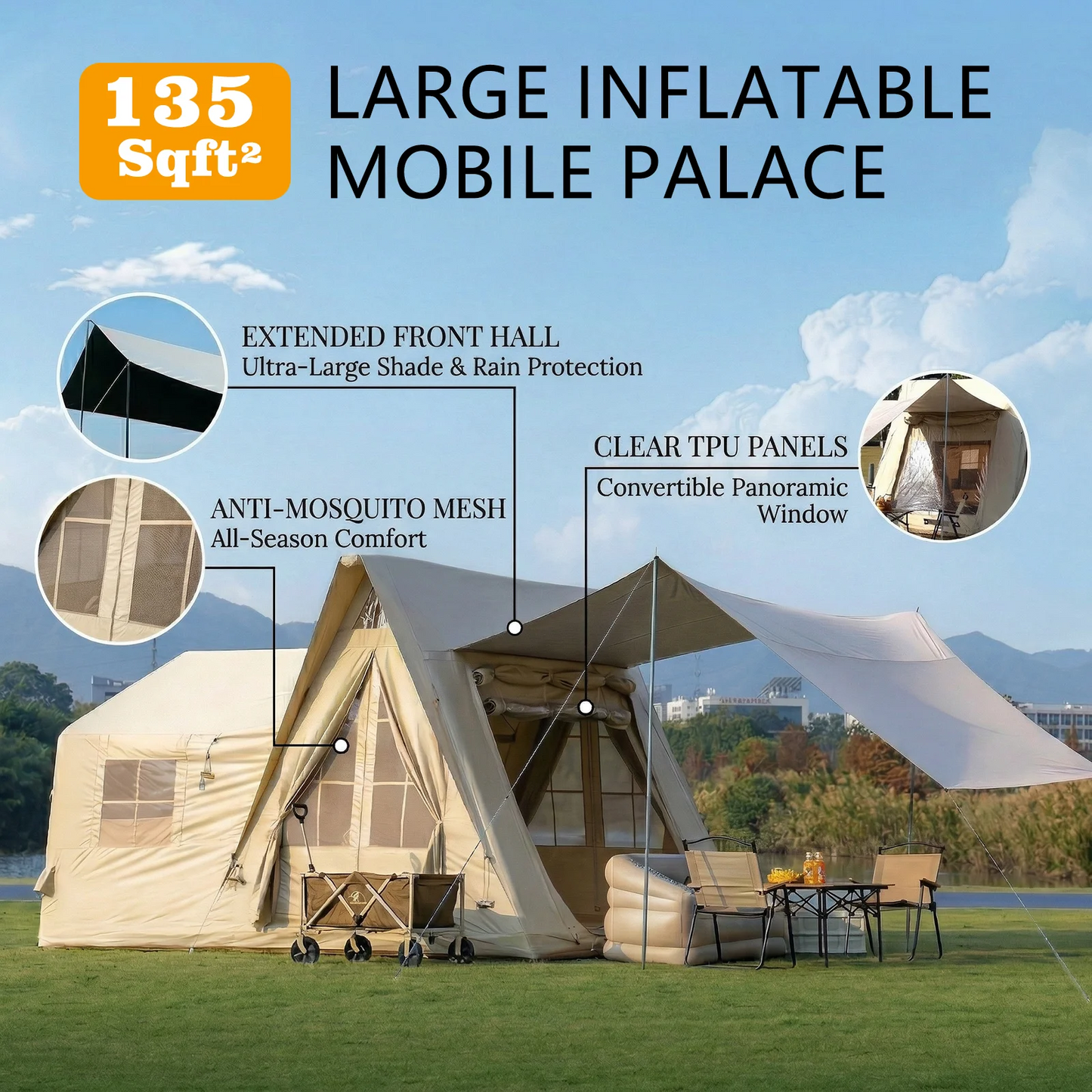 Inflatable Camping Tent 4 Season Rainfly With Stove Jack