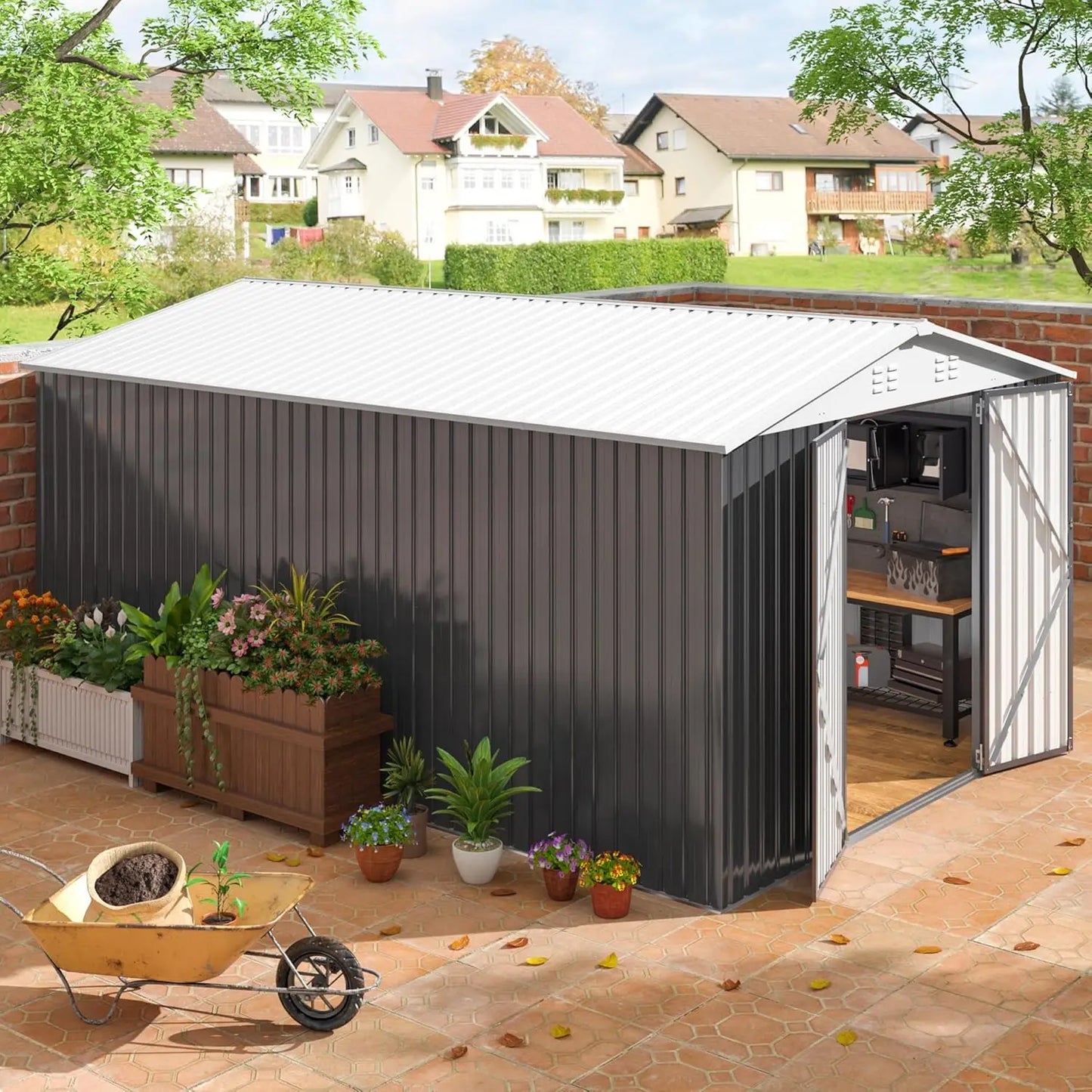 HUANZHUANG Outdoor Storage Shed With Lockable Doors Wood Frame