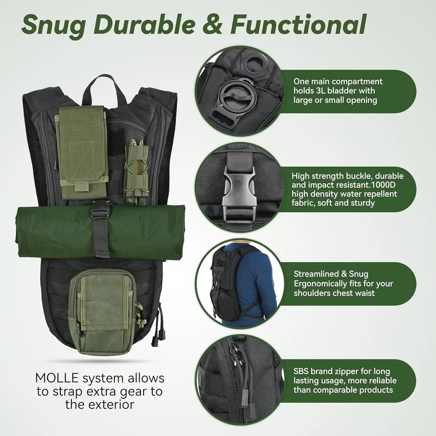 Tactical Hydration Backpack With 3L Bladder For Outdoor Activities