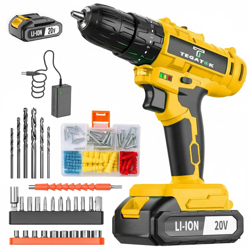 TEGATOK 20V Impact Drill LED Two Speed Cordless Drill