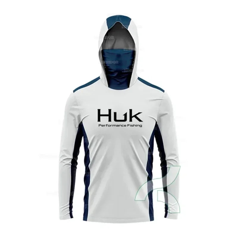 HUK Fishing Shirt Long Sleeve Hooded UPF 50 Face Mask
