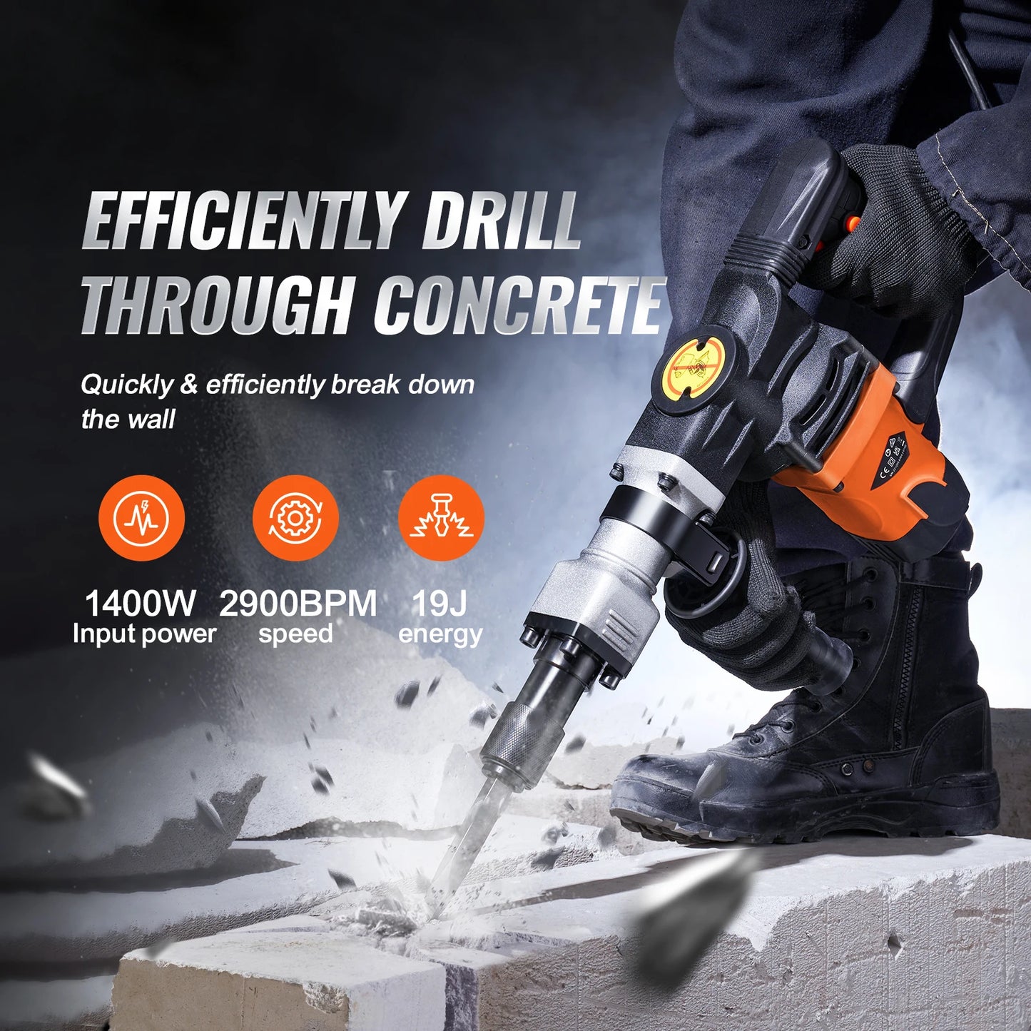 SucceBuy 1400W Demolition Jack Hammer 2900 BPM Concrete Breaker