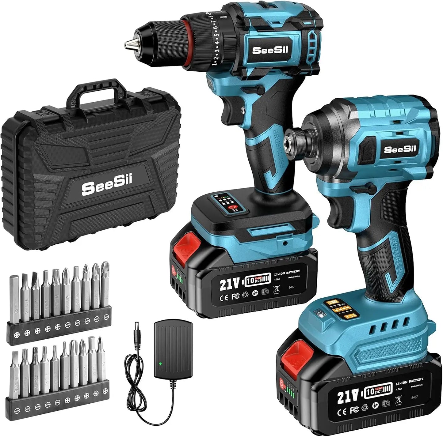 Seesii 21V Max Cordless Drill and Brushless Impact Wrench Kit