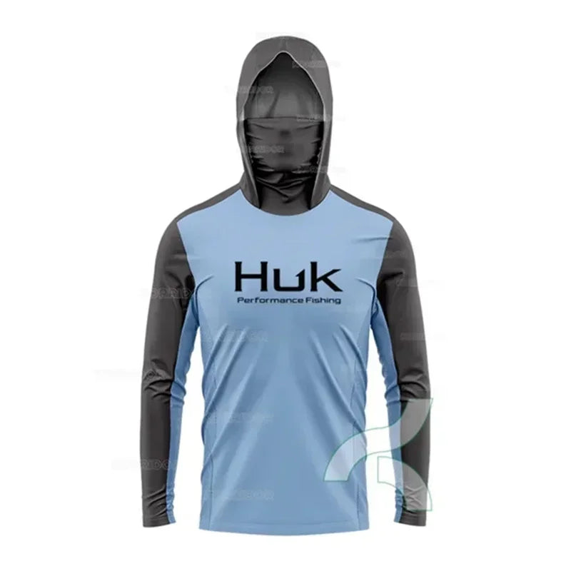 HUK Fishing Shirt Long Sleeve Hooded UPF 50 Face Mask