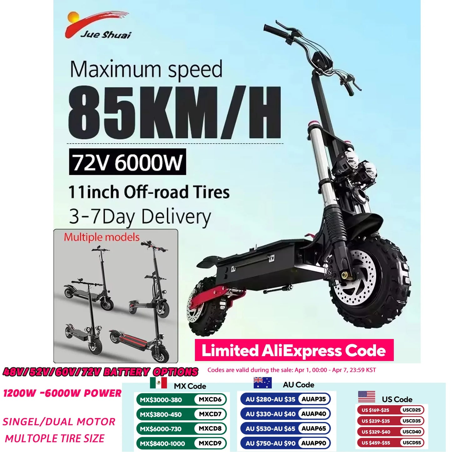 Jueshuai Outdoor Electric Scooter 1000W 48V-72V Fast Off Road Foldable