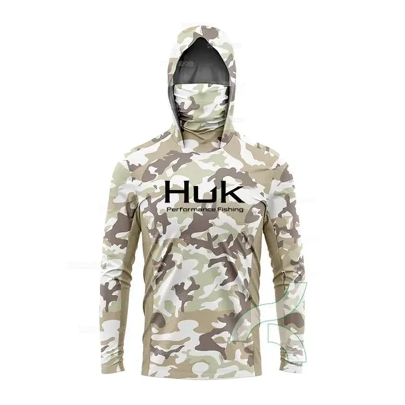 HUK Fishing Shirt Long Sleeve Hooded UPF 50 Face Mask