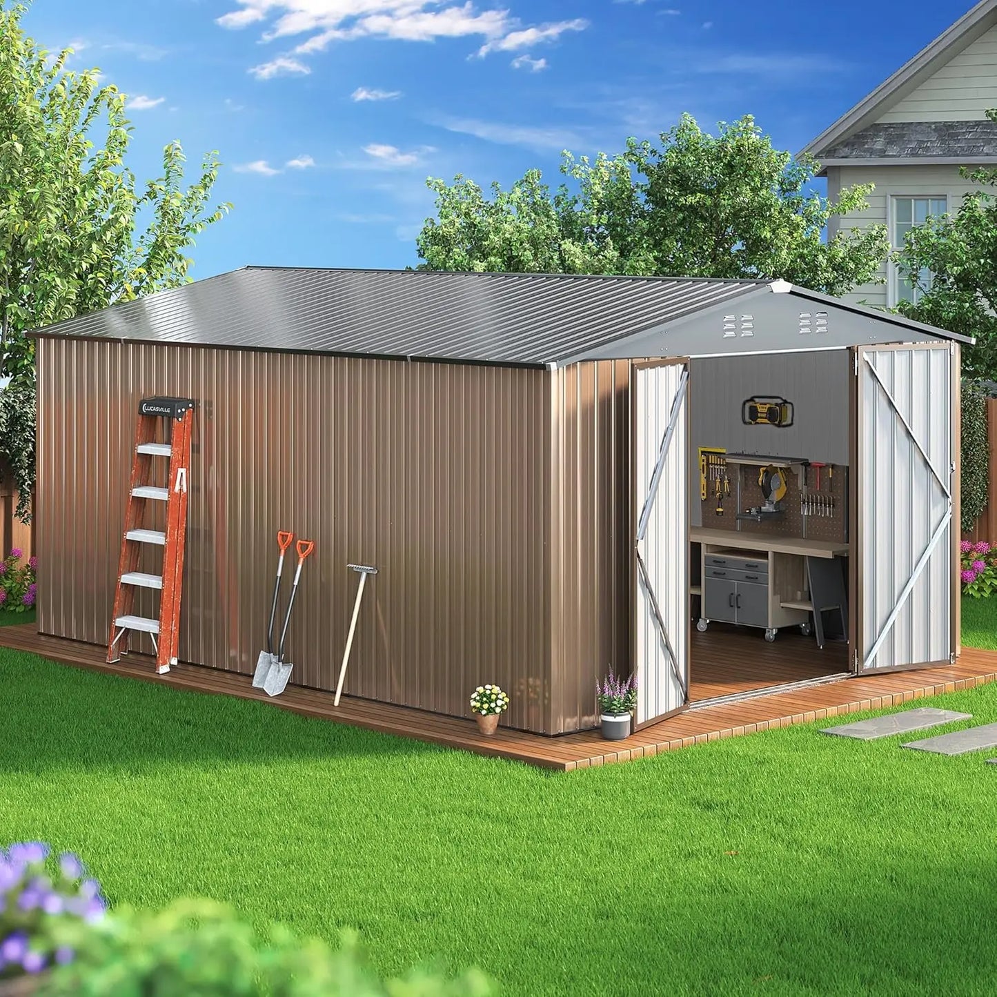 HUANZHUANG Outdoor Storage Shed With Lockable Doors Wood Frame